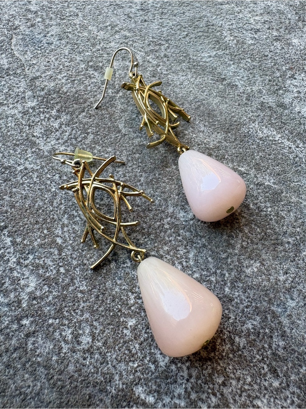 Gold Branch Drop Earrings with Pale Pink Teardrops